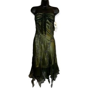 Dead stock vintage 2000s y2k fairy beaded strapless green dress